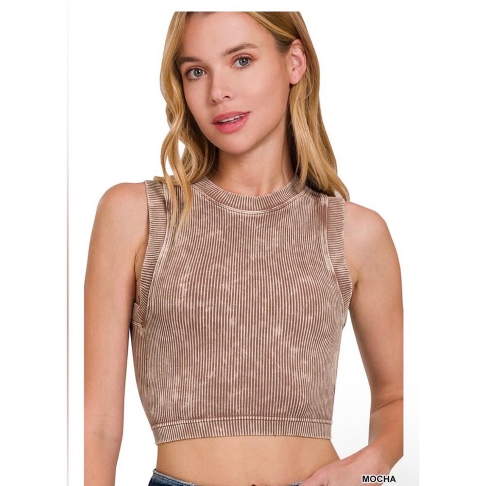 Zenana - Mocha Stone Washed Ribbed Seamless Crop Brami w/Bra Pad - L/XL